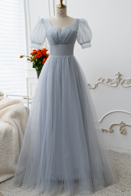 Prom Dresses,square V-neck With Sweetheart Bubble Sleeves Elegant And Cool With A Touch Of Sweet And Lovely Blue Tulle Dresses For Banquet
