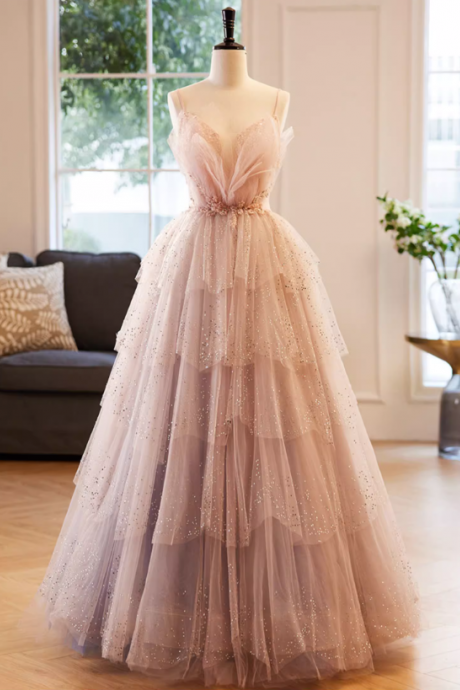 Prom Dresses,Pink Mesh Evening Gowns Light Luxury Sweet and Cute Halter Fairy Banquet Gowns