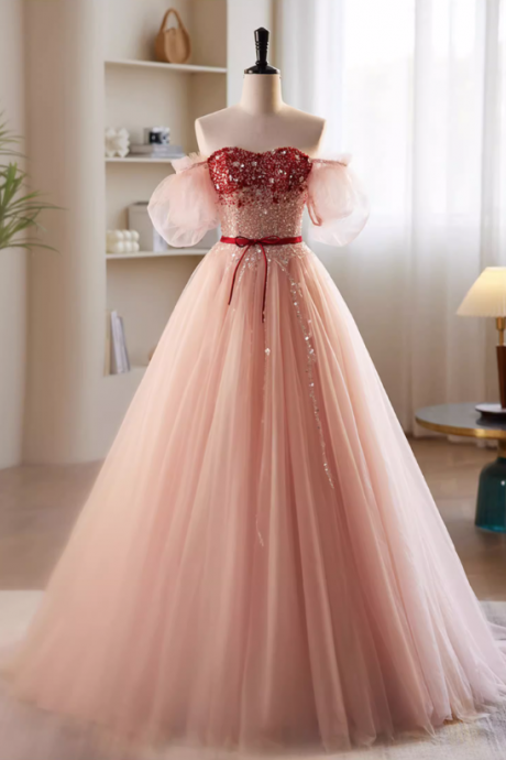 Prom Dresses,Neckless Strapless Pink Haute Couture Evening Dresses Beaded Embellished Fairy Plunge Long Dresses Gowns