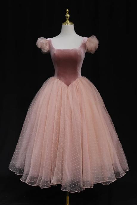 Homecoming Dresses,Bubble Sleeve Mesh Princess Evening Gowns Pink U Neck Bridesmaid Dresses
