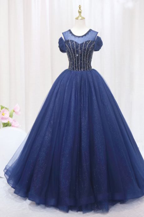 Prom Dresses,Fashion Round Neck Short Sleeve Blue Evening Gowns A-line Style Beaded Embellished Party Dresses