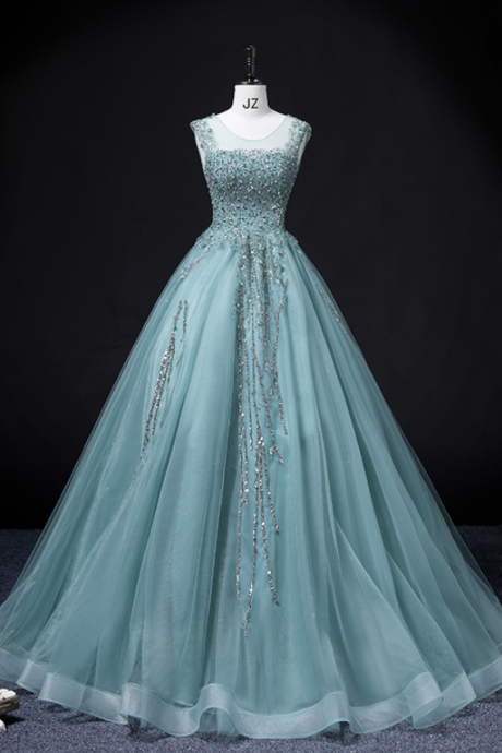 Prom Dresses,A-line Fluffy Green Mesh Gowns Sequin Embellished Party Dresses