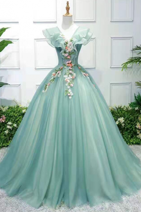 Prom Dresses,Light Green V Neck Ruffle Sleeve Mesh Dresses Applique Decoration Bar Mitzvah Dresses
