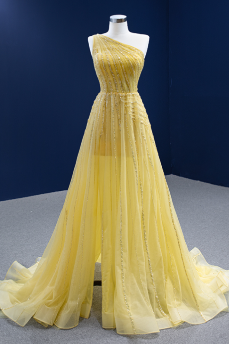 Prom Dresses,Temperament Type Yellow Mesh Evening Gowns One Shoulder Sequins Embellished Business Gowns