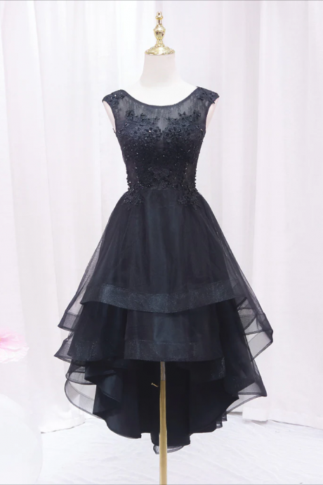 A-line Lace Tulle Black Short Prom Dress, High Low Black Homecoming Dress