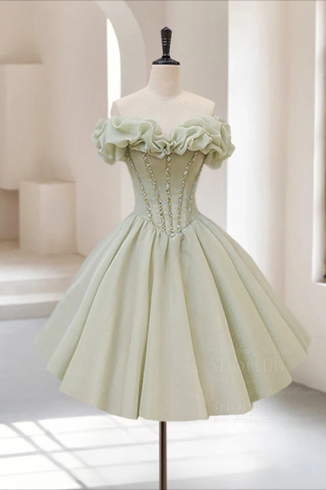 A-line Off Shoulder Organza Green Short Prom Dress,cute Homecoming Dress With Beads