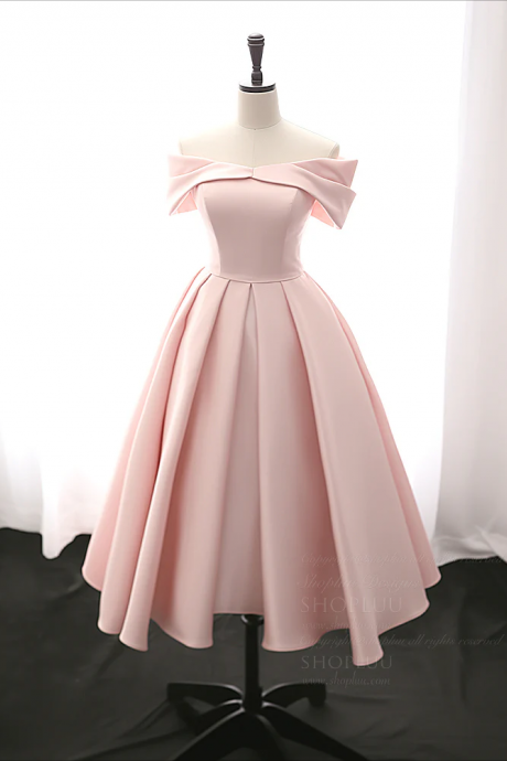 A-line Off Shoulder Satin Tea Length Pink Prom Dress, Pink Formal Dress