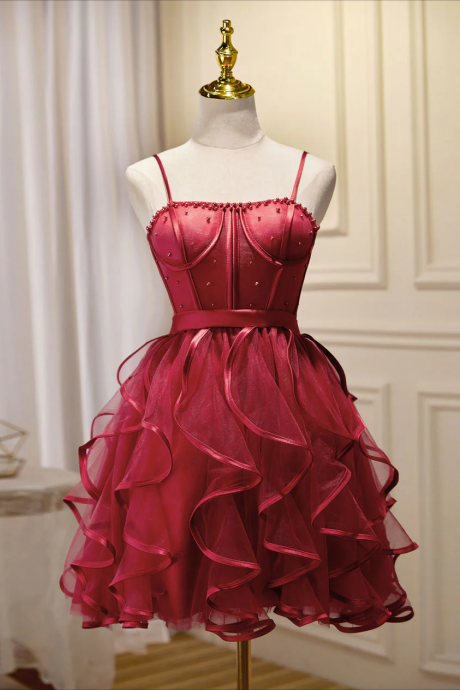 Short Prom Dresses, Minishort Burgundy Prom Dress, Puffy Cute Burgundy Homecoming Dress