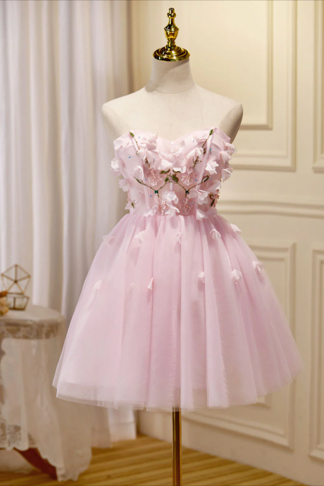 Short Prom Dresses, Minishort Pink Prom Dress, Cute Pink Homecoming Dresses With Beading Applique