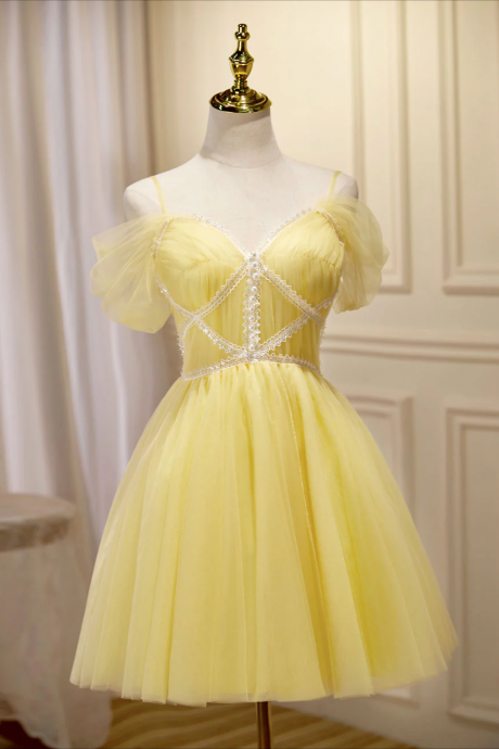 Short Prom Dresses, Minishort Yellow Prom Dresses, Yellow Cute Homecoming Dress With Beading Lace
