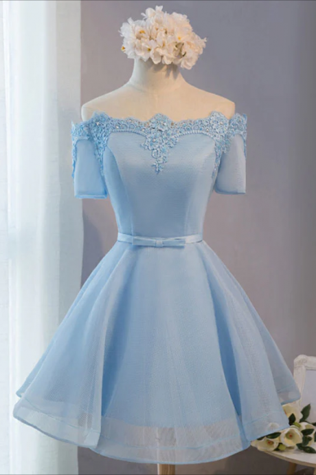 Short Prom Dresses, Blue A-line Tulle Short Sleeve Lace Short Prom Dress, Blue Cute Homecoming Dress
