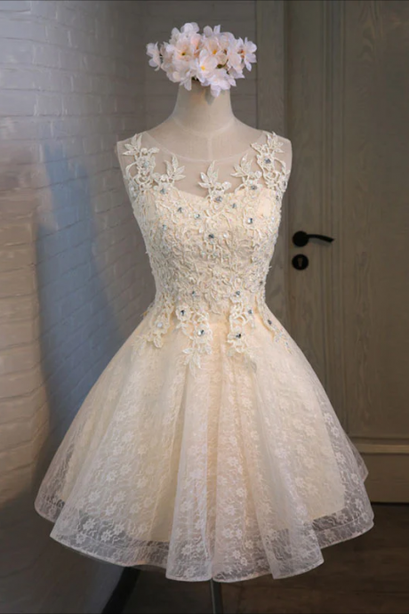 Short Prom Dresses, Champagne Lace Round Neck Short Prom Dress, Bridesmaid Dress
