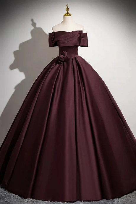 Long Prom Dress , A-line Off The Shoulders Satin Maroon Long Prom Dress, Maroon Long Formal Dress
