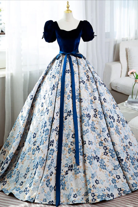 Long Prom Dress , A-line Satin Velvet Blue Long Prom Dress, Blue Long Formal Dress