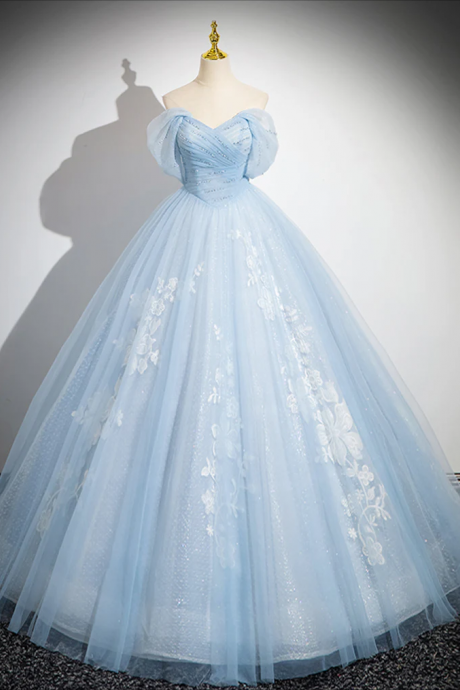 Long Prom Dress , A-line Tulle Lace Blue Long Prom Dress, Off Shoulder Blue Long Sweet 16 Dress