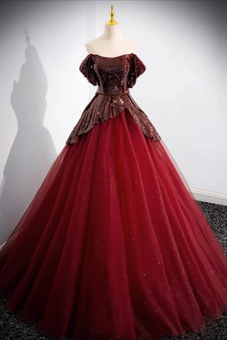 Long Prom Dress , A-line Tulle Sequin Burgundy Long Prom Dress, Off Shoulder Burgundy Formal Dress