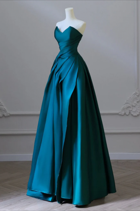 Long Prom Dress , A-line Strapless Satin Peacock Blue Long Prom Dress, Simple Peacock Blue Evening Dress
