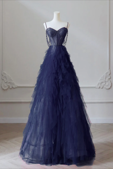 Long Prom Dress , A-line Sweetheart Neck Tulle Dark Blue Long Prom Dress, Dark Blue Long Graduation Dress With Beads