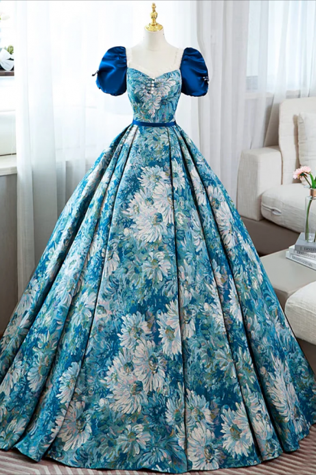 Long Prom Dress , A-line Puff Sleeves Satin Blue Long Prom Dress, Blue Long Formal Dress