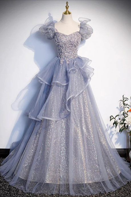Long Prom Dress , A-line Sweetheart Neck Tulle Sequin Gray Blue Long Prom Dress, Gray Blue Long Formal