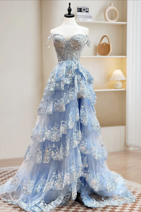 Long Prom Dress , A-line Tulle Sequin Blue Long Prom Dress, Blue Sequin Long Formal Dress