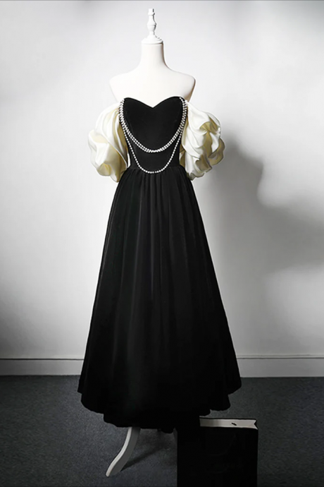 Long Prom Dress , A-line Velvet Tea Length Black Prom Dress, Tea Length Black Formal Dress