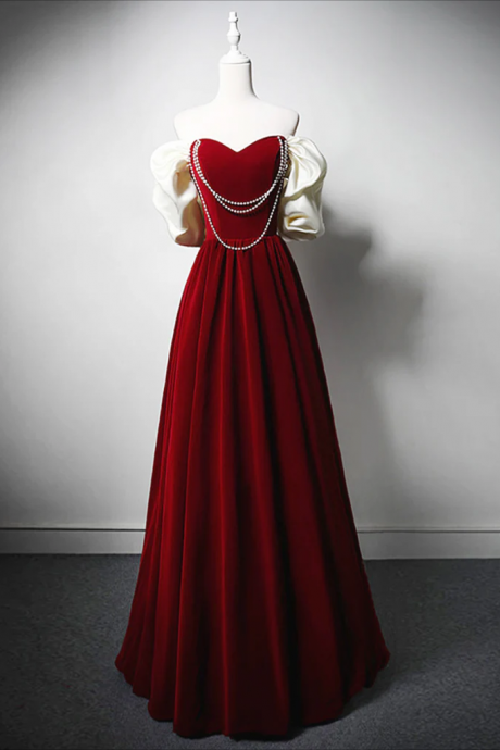 Long Prom Dress , Burgundy A-line Off Shoulder Velvet Lace Long Prom Dress, Burgundy Long Formal Dress