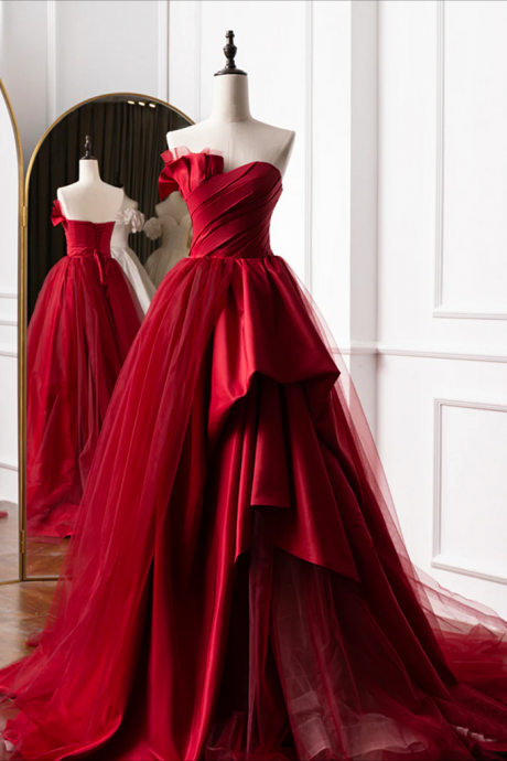 Long Prom Dress ,burgundy Long Prom Dresses, Burgundy Satin Formal Long Evening Dress