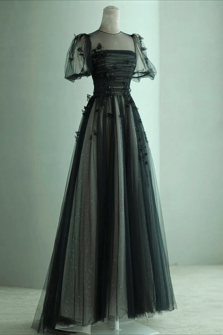 Long Prom Dress ,a-line Black Puff Sleeves Tulle Long Prom Dress, Black Formal Evening Dress