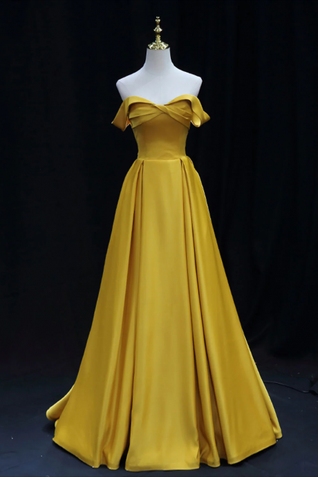 Long Prom Dress ,simple Off Shoulder Yellow Satin Long Prom Dress, Yellow Formal Evening Dress