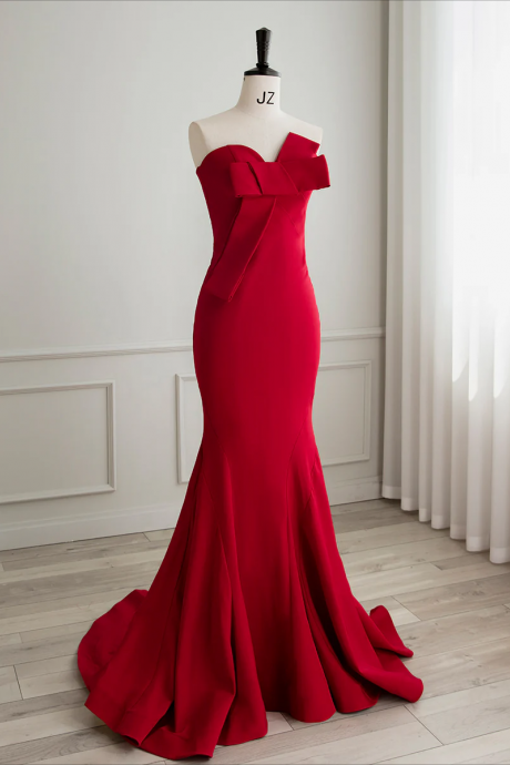 Long Prom Dress ,simple Red Satin Mermaid Long Prom Dress, Red Formal Evening Dress