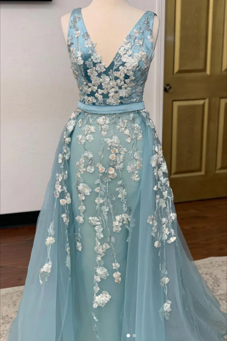 Green Long Lace Top Prom Dress with Sheer Back main image 1