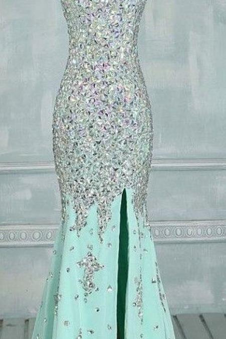 Real Made Prom Dresses, Floor-Length Prom Dresses, Mint Green Prom Dresses Sequin Shiny Front Split Prom Dresses Charming Prom Dresses Evening Dresses Prom Dresses On Sale