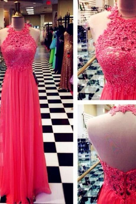 Halter Backless Floor-Length Charming Prom Dresses,A-Line Lace Floor-Length Evening Dresses, Prom Dresses, Real Made Prom Dresses On Sale