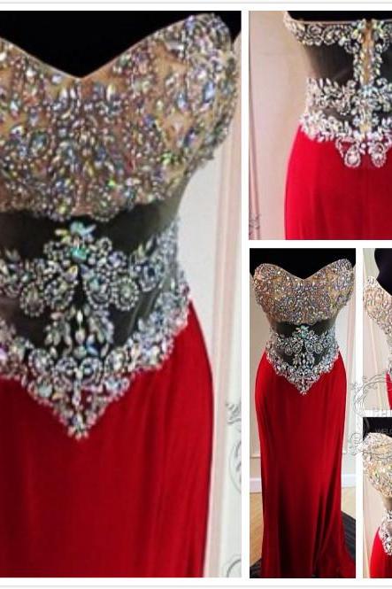 Sparkling Red Long Prom Dress,Beaded Prom Dress, Prom Gowns,Sexy Prom Dress,Sheer Prom Dress,Handmade Prom Dress With Sequin,Women Formal Prom Dress