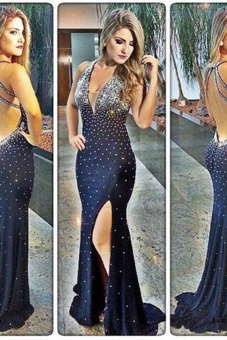 Sexy Halter Long Mermaid Prom Dresses Custom Made Crystal Backless Evening Party Dress For Graduation Black Side Slit Formal Gowns