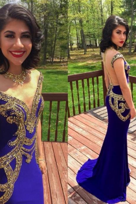 Long Royal Blue Prom Dresses With Sheer Back Sequins Teen Party Dress Vestidos Para Formaturas Formal Gowns