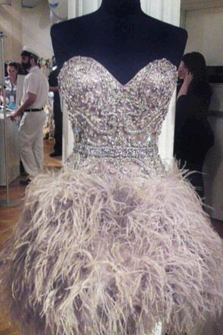 Short Feather Cocktail Dresses Custom Made Sweetheart Sleeveless Beaded Crystal Rhinestone Mini Party Gowns Homecoming Dress