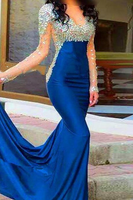 New Royal Blue Satin Long Sleeve Prom Dresses Strapless Sheer Floor Length Mermaid Evening Party Prom Gowns Sexy Cheap