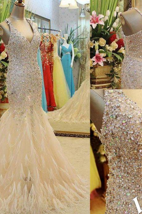 Prom Dresses,luxurious Prom Dresses,mermaid Prom Dress,feather Prom Dress,beaded Prom Dress,floor Length Prom Dress,charming Prom Dress,custom
