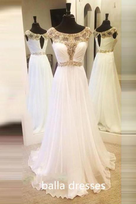 Prom Dress, Popular Prom Dress,white Prom Dress,beaded Prom Dress,cap Sleeve Prom Dress,sequin Prom Dress,long Prom Dress,chiffon Prom Dress,long