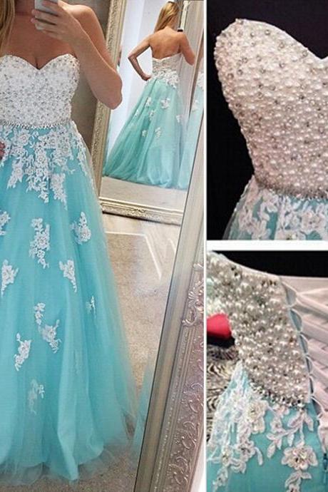 Blue Prom Gown,lace Prom Gown,sweetheart Prom Gown,appliques Prom Gown,beaded Prom Gown,pearls Prom Gown,long Prom Gown,formal Prom Gown,party