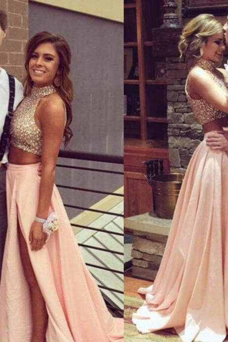 Fashion Two Pieces Blush Prom Dress,sexy Slit Graduation Dresses,beaded Two Pieces Formal Party Dress,prom Gowns 2016