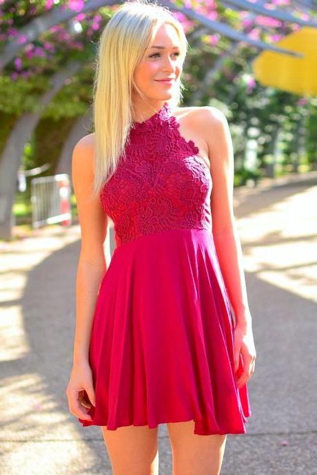 Knee Length Lace Prom Dress,Mini Halter Red Cocktail Dresses, Sexy Red Lace Party Dresses