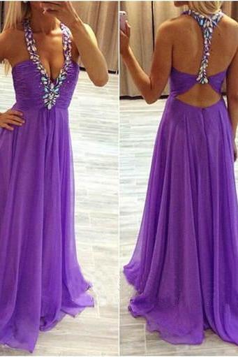 Sexy Backless Prom Dresses,Beaded Halter Purple Graduation Dresses,Sexy Evening Party Dresses