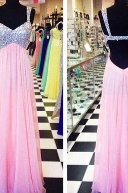 Long Pink Prom Dress,Backless Beaded Graduation Dress,Sexy Straps Open Back Formal Party Dresses