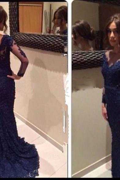 Long Sleeves Lace Prom Dresses,v-neckline Lace Bridesmaid Dresses,navy Blue Lace Evening Dresses,deep Blue Lace Prom Dresses