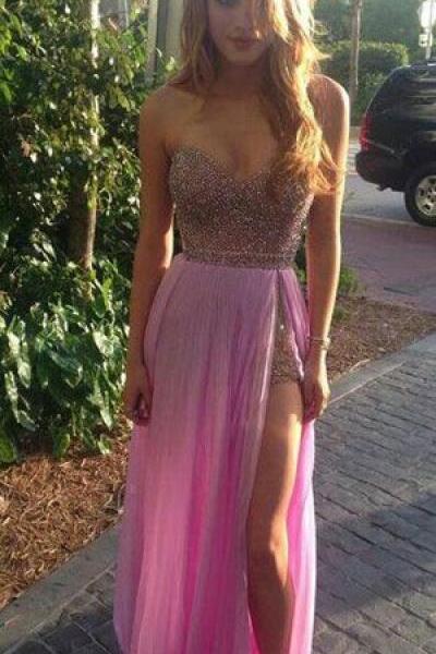 Sexy Pink Prom Dresses,Beaded Homecoming Dress,Sexy Beaded Slit Cocktail Party Dress,Pink Graduation Dress