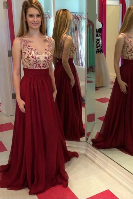 Elegant Full Length Burgundy V-neckline Prom Dress Lace Occasion Dress