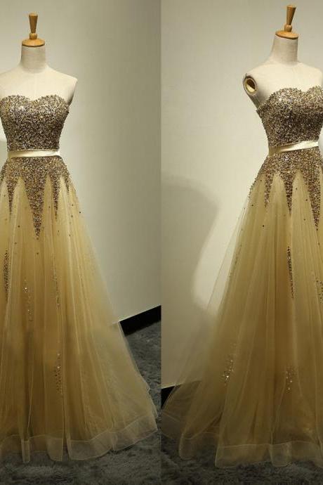 Floor Length Handmade Beaded Gold Prom Dress